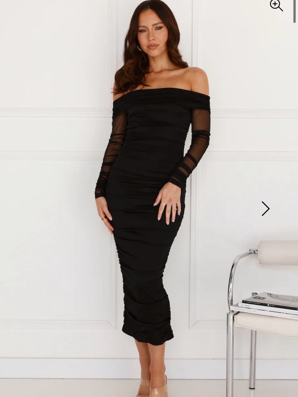 Hello Molly Off-Shoulder Black Mesh Sleeve Midi Dress